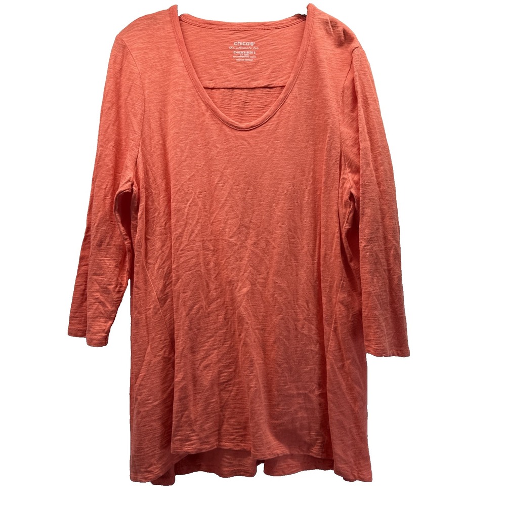 Chicos Ultimate Tee Size Large Solid Orange Tunic V Neck 3/4 Sleeves Slub Cotton